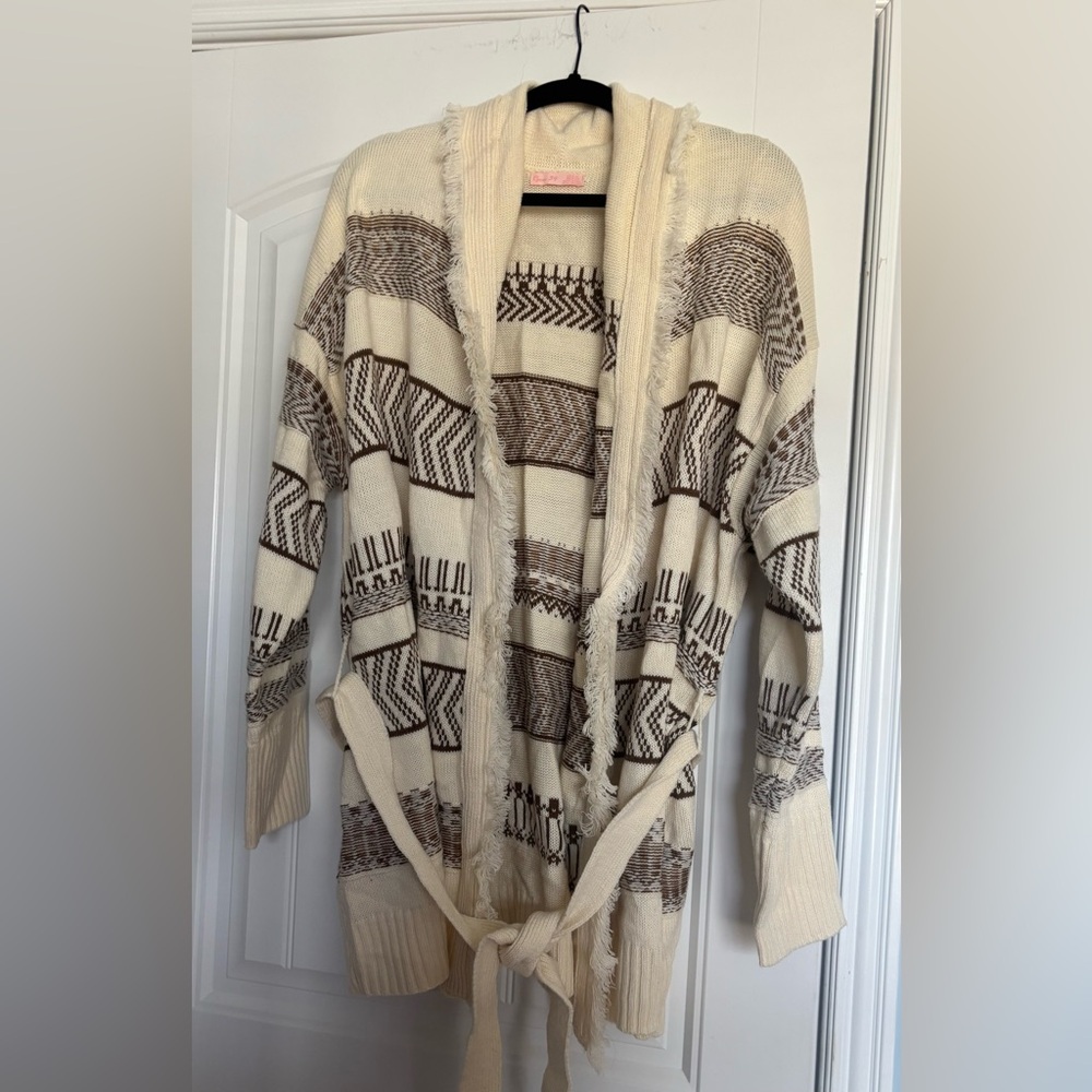 #C065 NWOT Room 34 Cozy Cream and Brown Cardigan Sweater, Sz XL